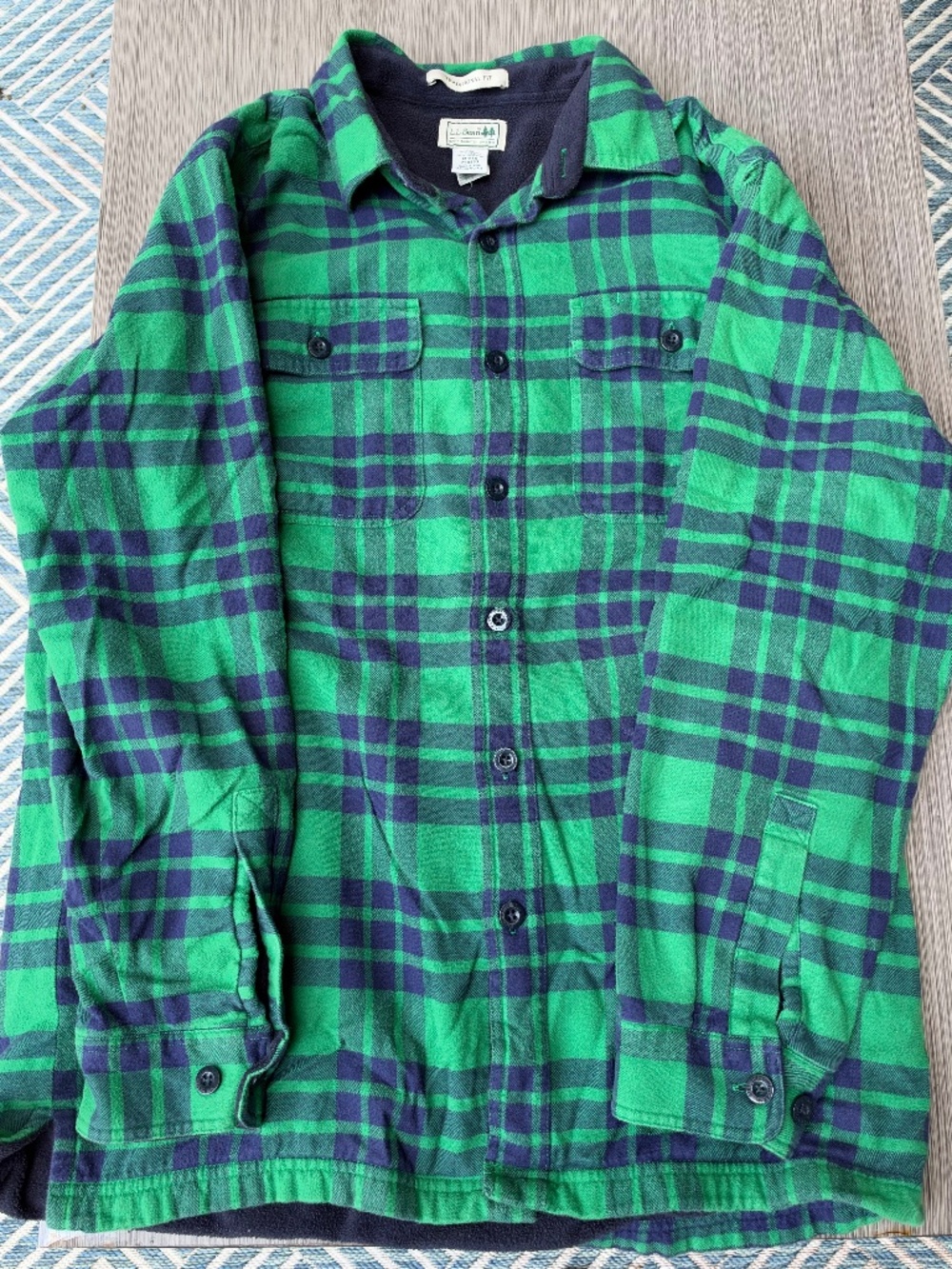 LL Bean Fleece Lined Flannel Shirt Jacket Green Navy Plaid Mens Medium Regular